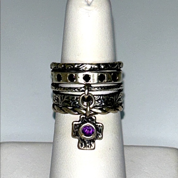 NWOT Sterling Silver Amethyst Black Spinel Passage To Israel Designer Band Ring - Picture 1 of 12